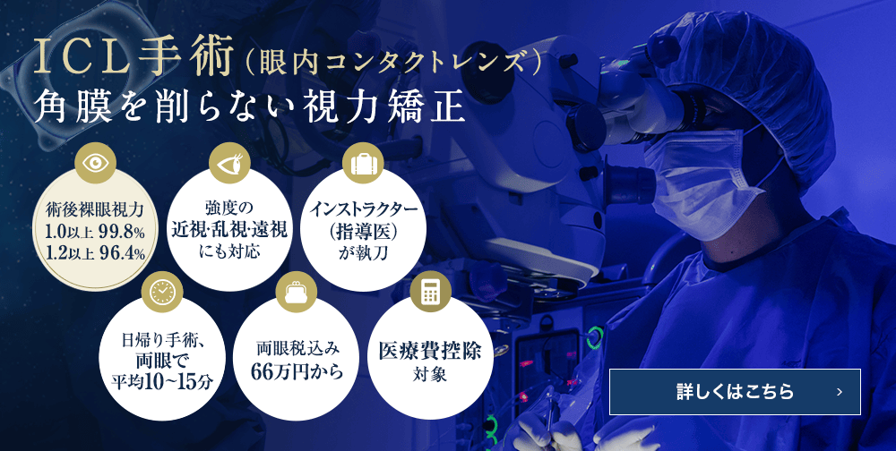 ICL手術（眼内コンタクトレンズ）とは角膜を削らない視力矯正。術後裸眼視力 1.0以上、99.8% 1.2以上 96.4%。強度の近視・乱視・遠視にも対応。インストラクター（指導医）が執刀。日帰り手術、両眼で平均10～15分。両眼税込み66万円から。医療費控除対象。詳しくはこちら